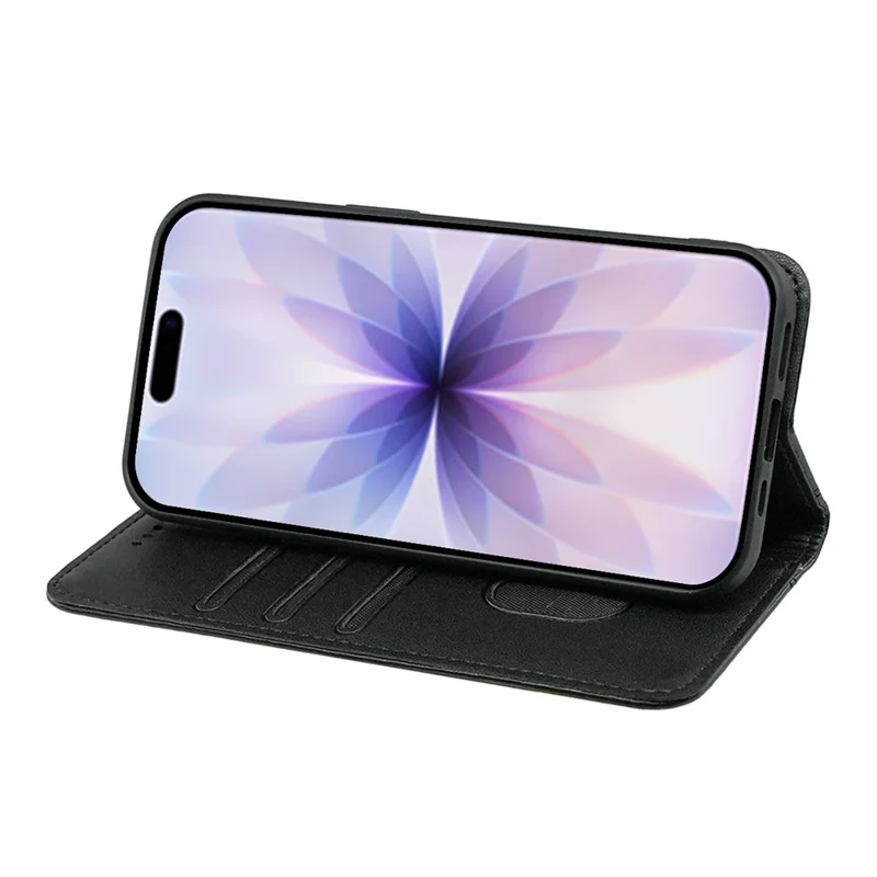 For iPhone 17 Wallet Case Magnetic Closing PU Leather Phone Cover with Wrist Strap - Black