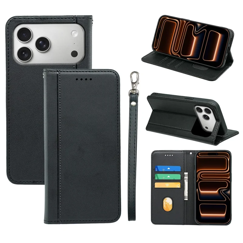 For iPhone 18 Pro / 17 Pro Wallet Case Magnetic Closing PU Leather Phone Cover with Wrist Strap - Black