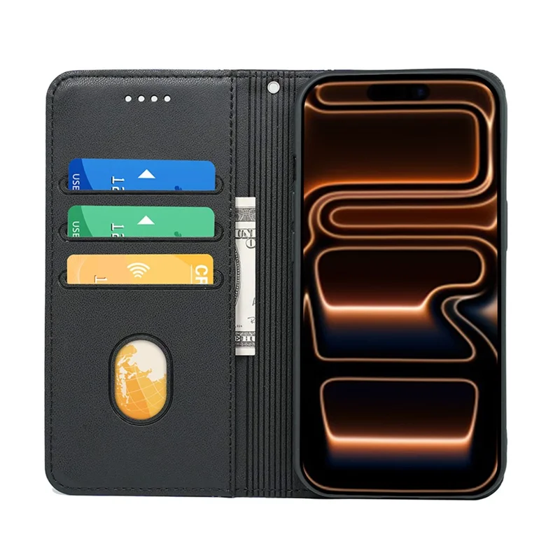 For iPhone 18 Pro / 17 Pro Wallet Case Magnetic Closing PU Leather Phone Cover with Wrist Strap - Black