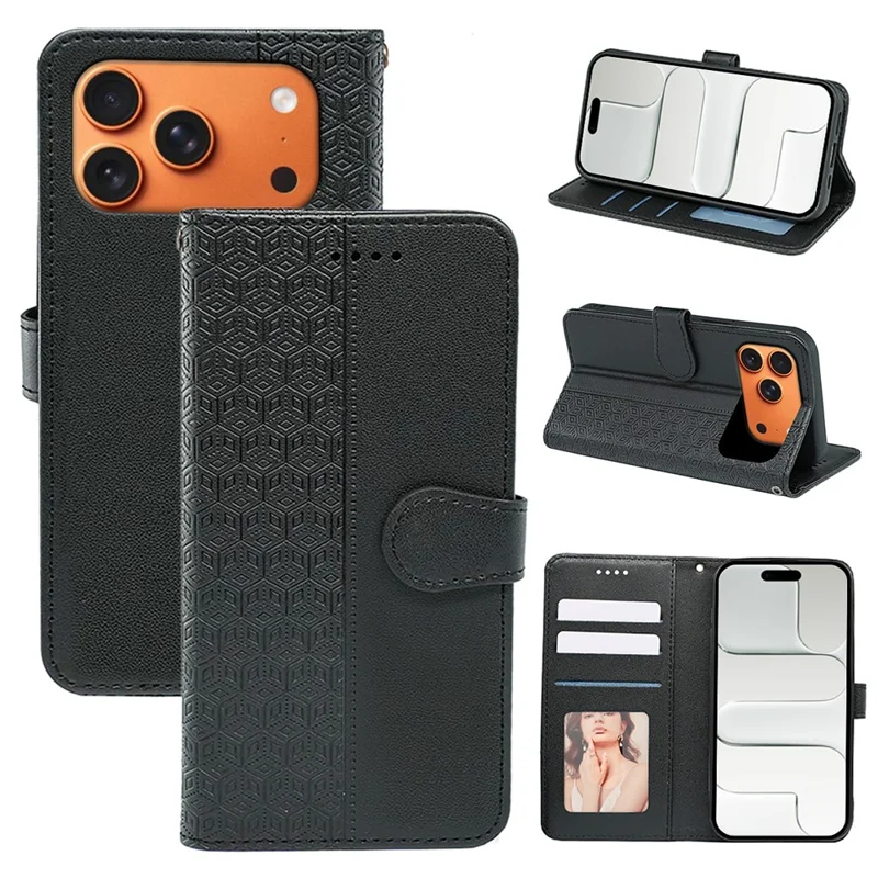 For iPhone 17 Pro Wallet Phone Case Pattern Imprint Leather Flip Cover - Black
