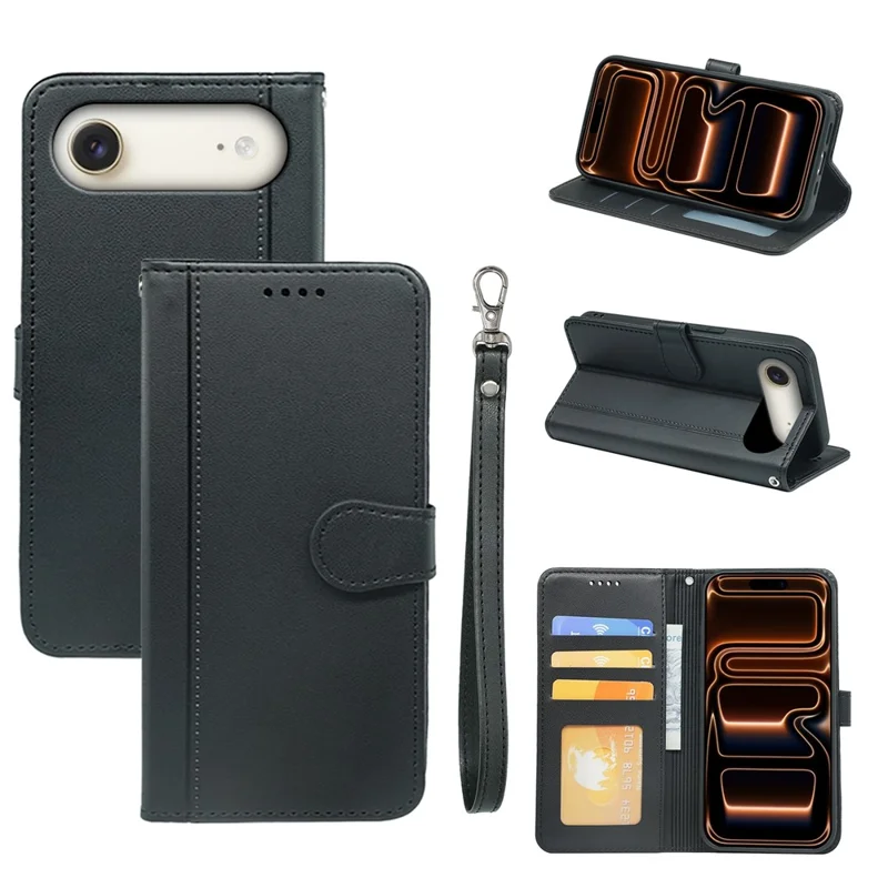 For iPhone Air Wallet Case Magnetic Snap Leather Phone Cover with Strap - Black