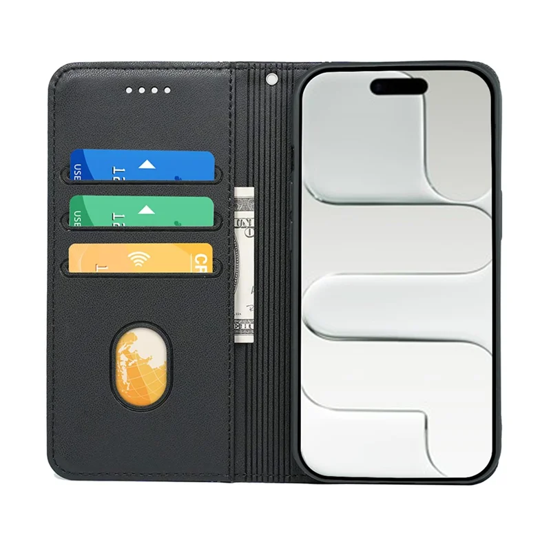 For iPhone Air Wallet Case Magnetic Closing PU Leather Phone Cover with Wrist Strap - Black