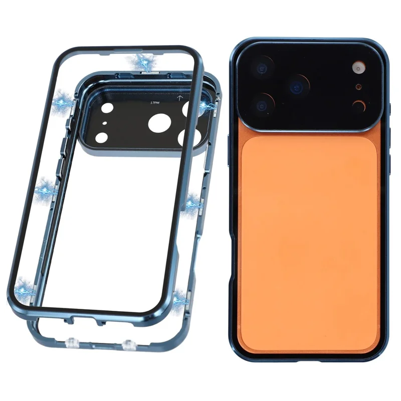 For iPhone 17 Pro Case Ultra Clear Double-Sided Tempered Glass + Magnetic Metal Frame Phone Cover - Blue