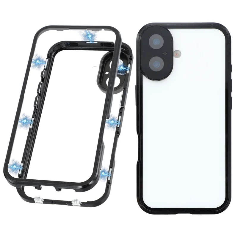 For iPhone 17 Case Ultra Clear Double-Sided Tempered Glass + Magnetic Metal Frame Phone Cover - Black