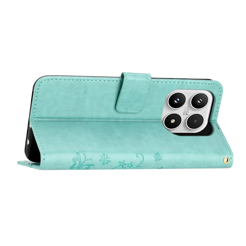 Læderet tegnebogstaske til Xiaomi 17 med sommerfugl og blomstertryk og stropløsning - Grøn