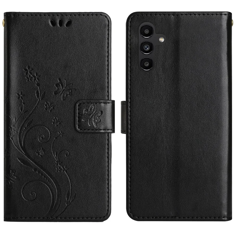 For Samsung Galaxy S26 / S26 Pro Leather Wallet Case Butterfly Flower Imprinted Phone Cover with Strap - Black