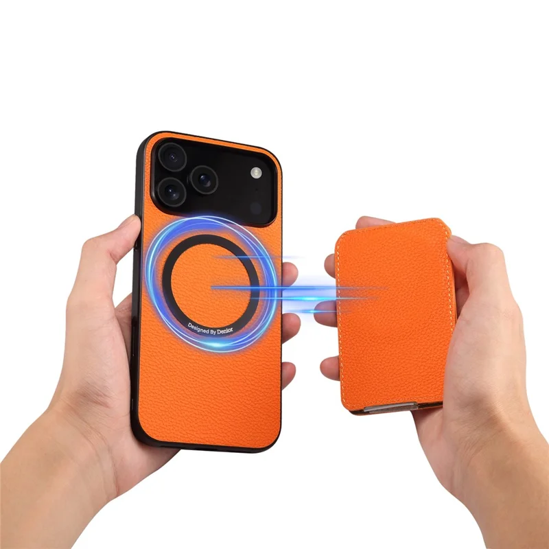 DENIOR D29 Per iPhone 17 Pro Max Custodia magnetica in pelle Custodia posteriore per telefono con supporto per schede staccabile - Arancione