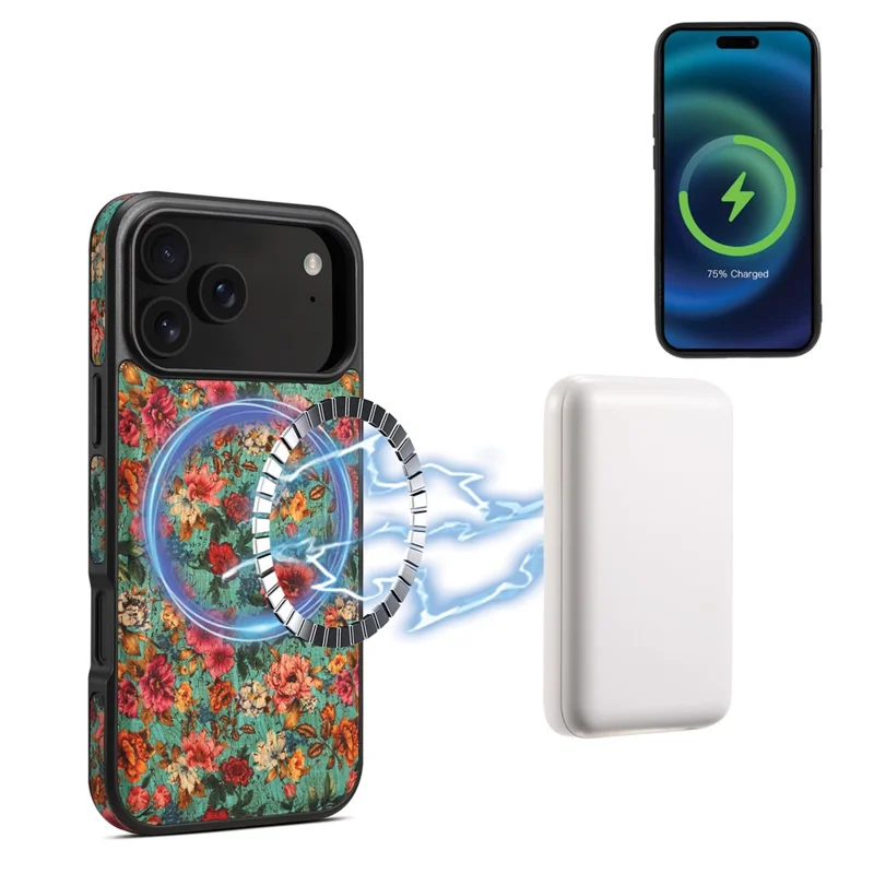 Funda para iPhone 17 Pro Compatible con MagSafe Floral Cuero PU Trasera Funda de Teléfono - Azul