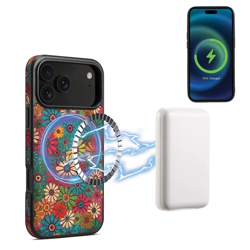 Funda para iPhone 17 Pro Max compatible con MagSafe Cubierta de teléfono de cuero PU con flores - Azul
