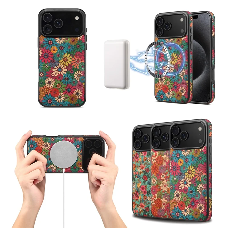 Funda para iPhone 17 Pro Max compatible con MagSafe Cubierta de teléfono de cuero PU con flores - Azul