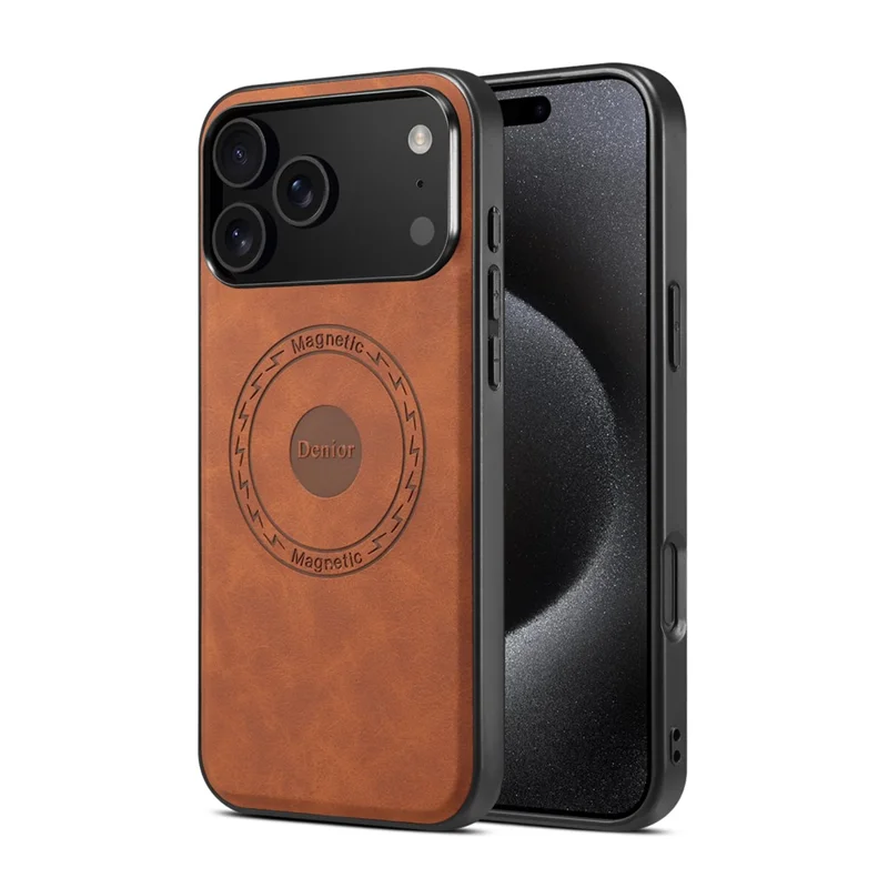 DENIOR A11 Kompatibles iPhone 17 Pro Hülle für MagSafe Lederüberzogener PC + TPU Handyhülle - Braun