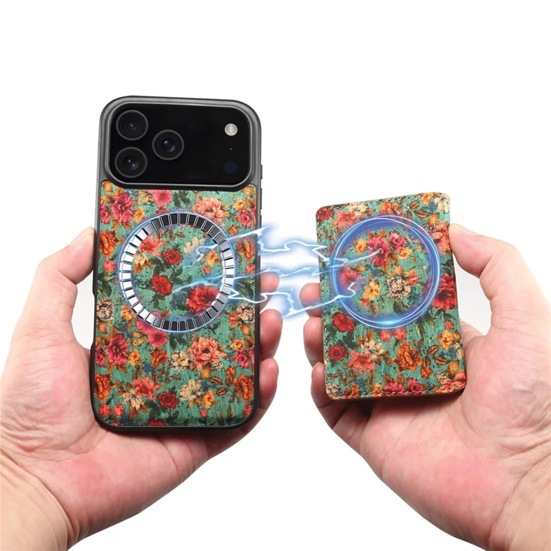 Custodia magnetica per iPhone 17 Pro con borsa per carte staccabile, cover posteriore in pelle a fiori - Blu