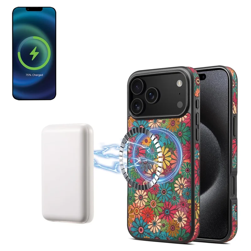 Funda magnética para iPhone 17 Pro Max Bolsa para tarjetas desmontable Cubierta de cuero con flores en la parte trasera - Verde