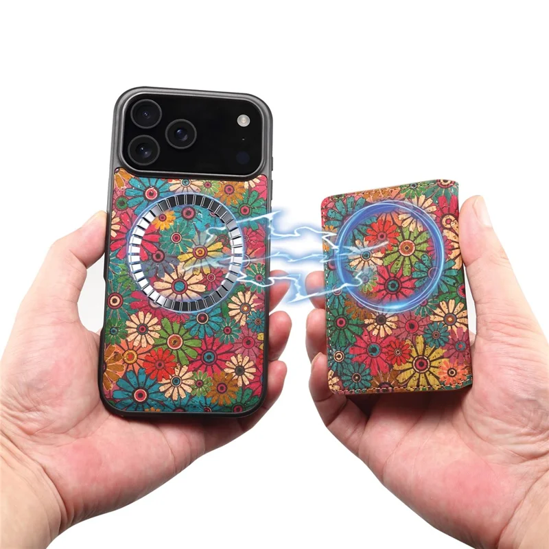 Funda magnética para iPhone 17 Pro Max Bolsa para tarjetas desmontable Cubierta de cuero con flores en la parte trasera - Verde