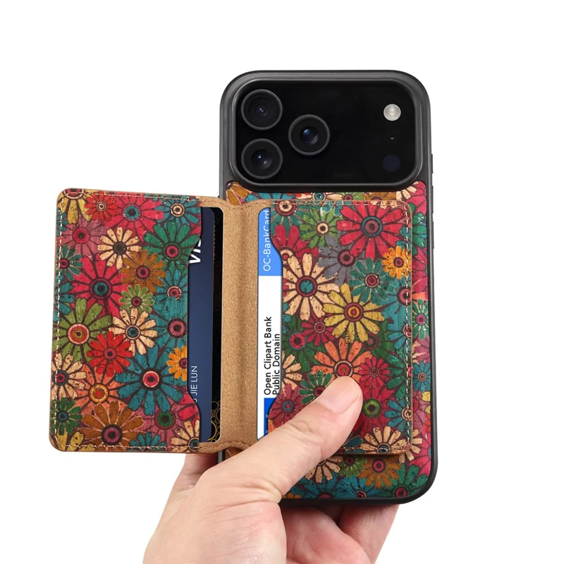 Funda magnética para iPhone 17 Pro Max Bolsa para tarjetas desmontable Cubierta de cuero con flores en la parte trasera - Verde