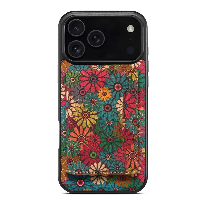 Funda magnética para iPhone 17 Pro Max Bolsa para tarjetas desmontable Cubierta de cuero con flores en la parte trasera - Verde