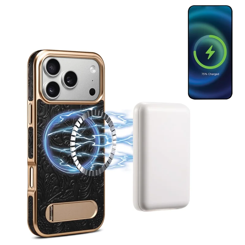 DENIOR A25 Capa para iPhone 17 Pro Compatível com MagSafe Suporte Revestimento Eletrolítico Couro Genuíno de Vaca - Preto