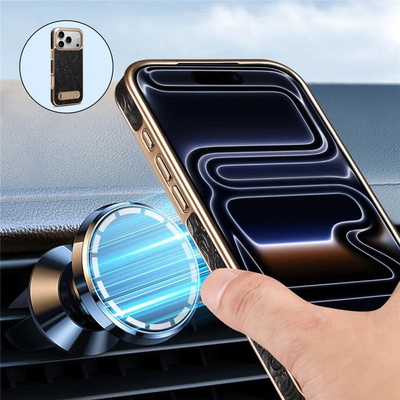 DENIOR A25 Capa para iPhone 17 Pro Compatível com MagSafe Suporte Revestimento Eletrolítico Couro Genuíno de Vaca - Preto