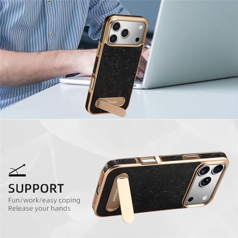 DENIOR A25 Capa para iPhone 17 Pro Compatível com MagSafe Suporte Revestimento Eletrolítico Couro Genuíno de Vaca - Preto