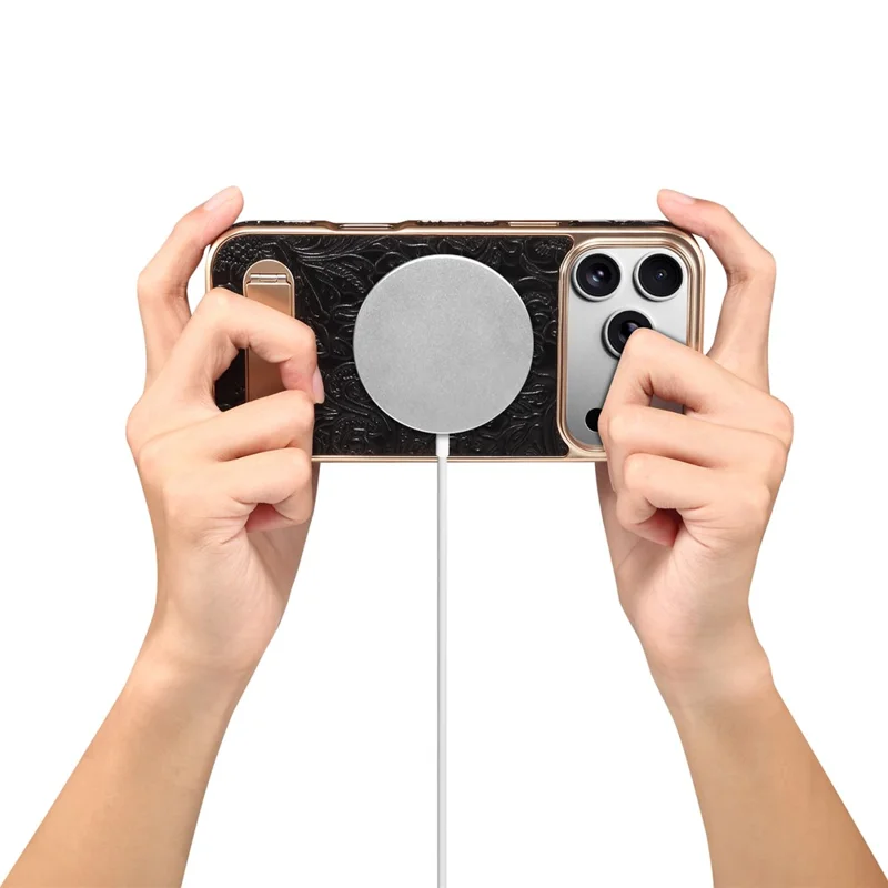 DENIOR A25 Capa para iPhone 17 Pro Compatível com MagSafe Suporte Revestimento Eletrolítico Couro Genuíno de Vaca - Preto