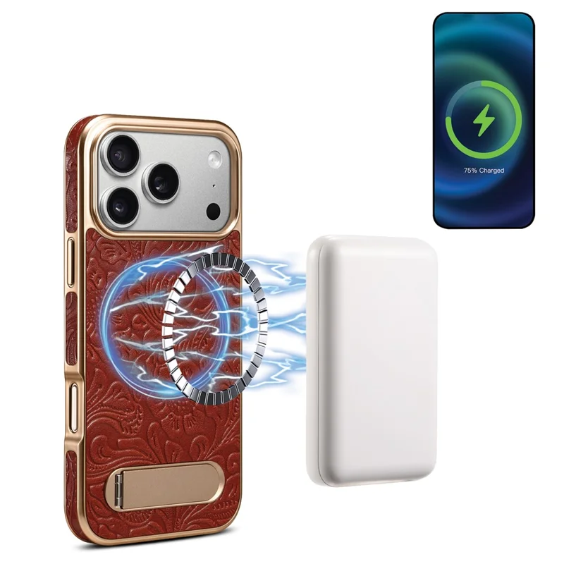 DENIOR A25 per iPhone 17 Pro Max Cover Compatibile con MagSafe Supporto Elettroplaccato Vera Pelle di Mucca Custodia Posteriore per Telefono - Rosso
