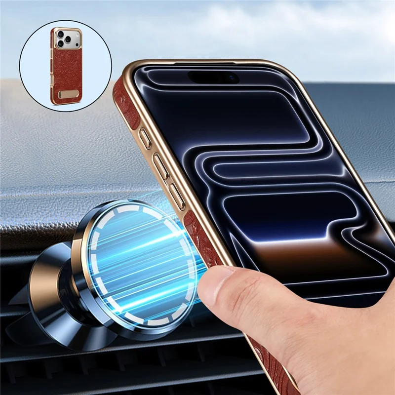 DENIOR A25 per iPhone 17 Pro Max Cover Compatibile con MagSafe Supporto Elettroplaccato Vera Pelle di Mucca Custodia Posteriore per Telefono - Rosso
