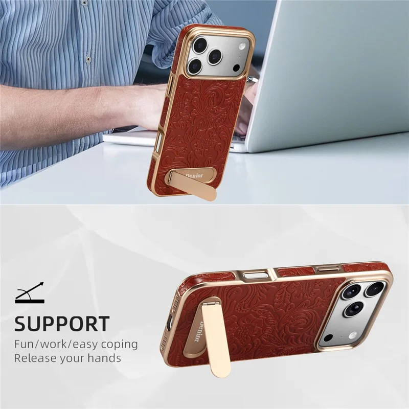 DENIOR A25 per iPhone 17 Pro Max Cover Compatibile con MagSafe Supporto Elettroplaccato Vera Pelle di Mucca Custodia Posteriore per Telefono - Rosso