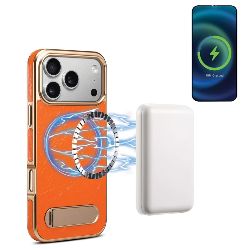 DENIOR A25+1 Pour iPhone 17 Pro Max Étui Magnétique Support Électroplaqué Texture de Cuir de Vache Véritable Couverture de Téléphone en Cuir de Vache - Orange