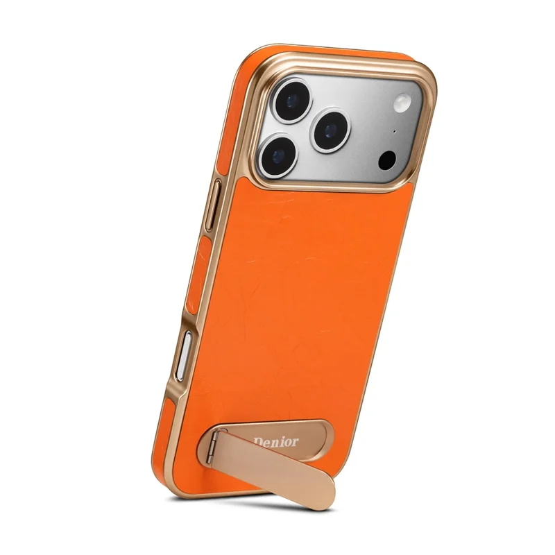 DENIOR A25+1 Pour iPhone 17 Pro Max Étui Magnétique Support Électroplaqué Texture de Cuir de Vache Véritable Couverture de Téléphone en Cuir de Vache - Orange