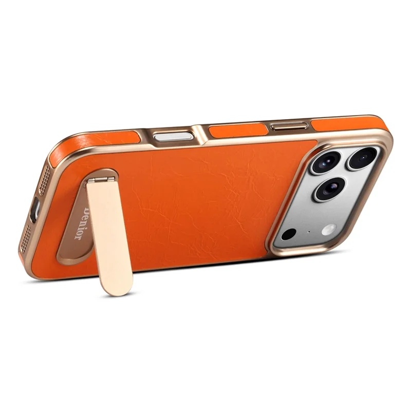 DENIOR A25+1 Pour iPhone 17 Pro Max Étui Magnétique Support Électroplaqué Texture de Cuir de Vache Véritable Couverture de Téléphone en Cuir de Vache - Orange