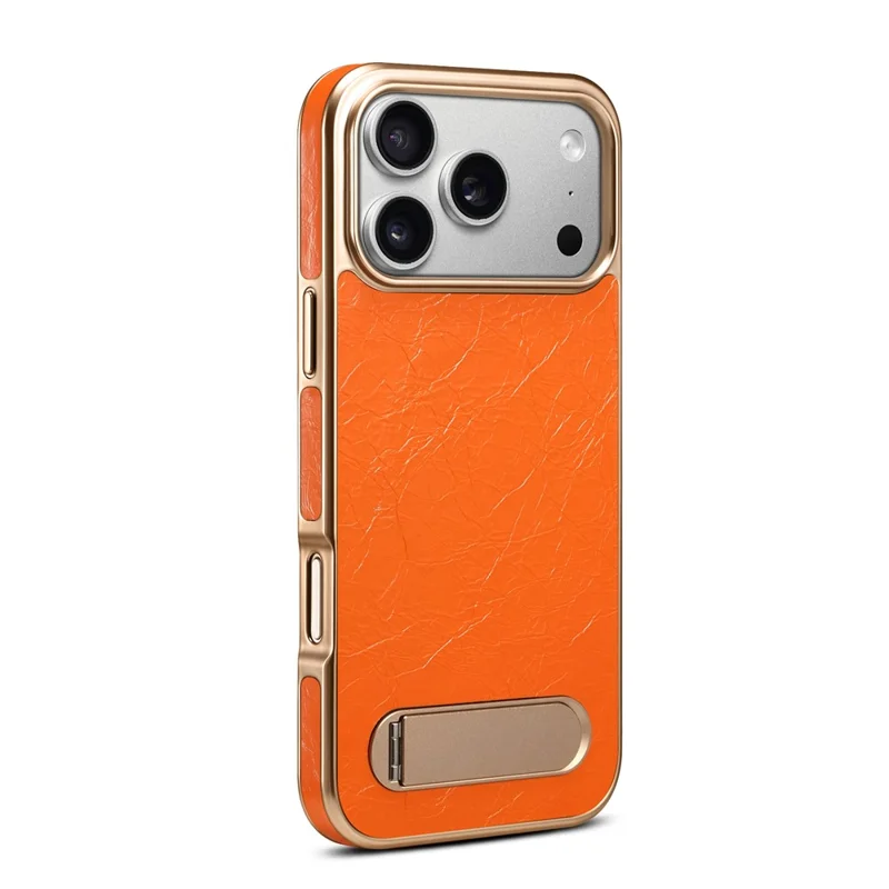 DENIOR A25+1 Pour iPhone 17 Pro Max Étui Magnétique Support Électroplaqué Texture de Cuir de Vache Véritable Couverture de Téléphone en Cuir de Vache - Orange