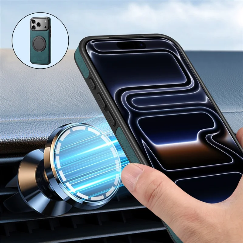 DENIOR A14 Funda magnética para iPhone 17 Pro, soporte giratorio, cubierta de teléfono de cuero PC TPU - Azul