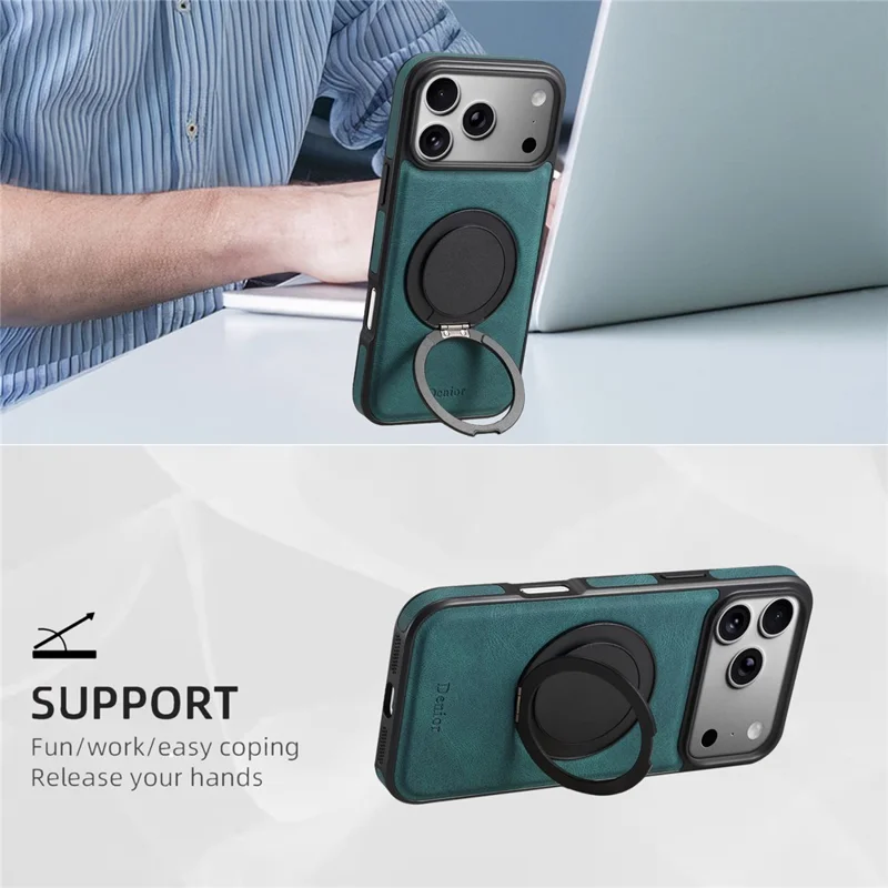 DENIOR A14 Funda magnética para iPhone 17 Pro, soporte giratorio, cubierta de teléfono de cuero PC TPU - Azul