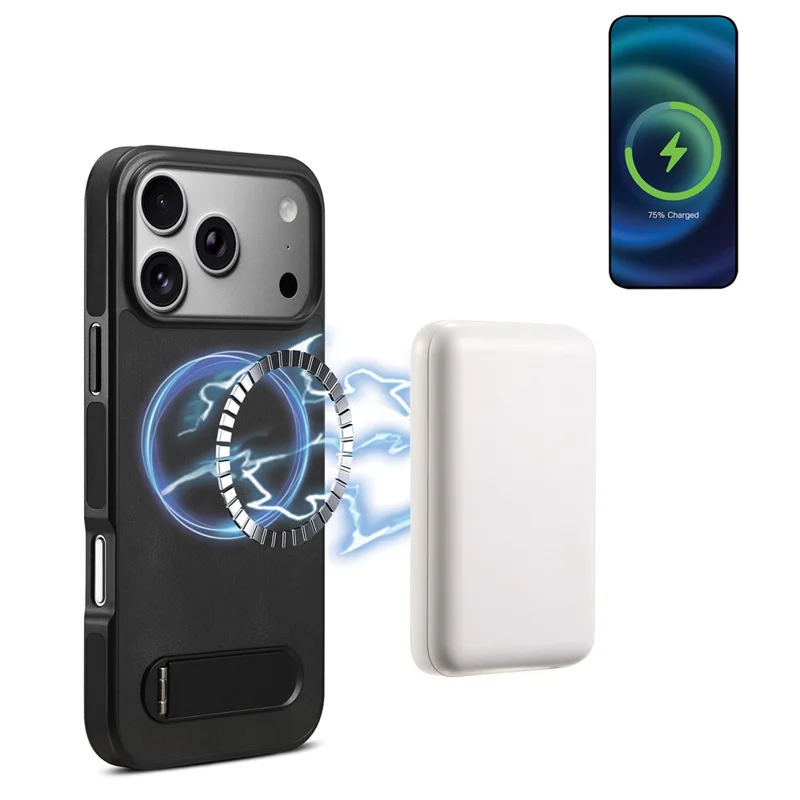 DENIOR A25+2 Étui Compatible avec iPhone 17 Pro MagSafe avec Support Peau Cuir Tactile PC TPU - Noir