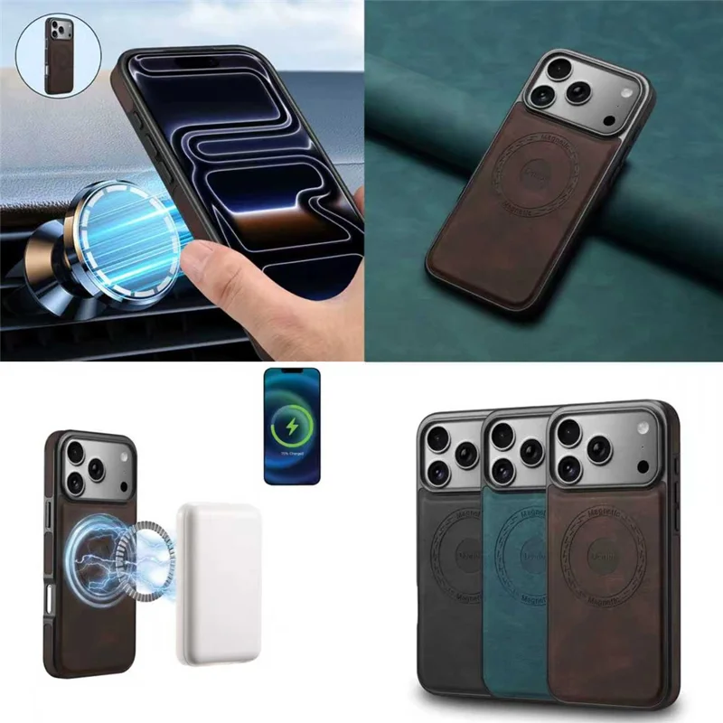 DENIOR A13 Funda para iPhone 17 Pro Compatible con MagSafe Cuero + PC + TPU Funda de Teléfono - Marrón