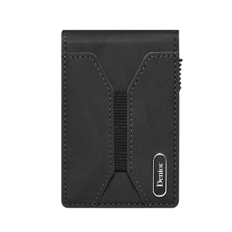 DENIOR V20 Skin Feel Magnetic Elastic Card Holder PU Leather Phone Stand Card Case - Black