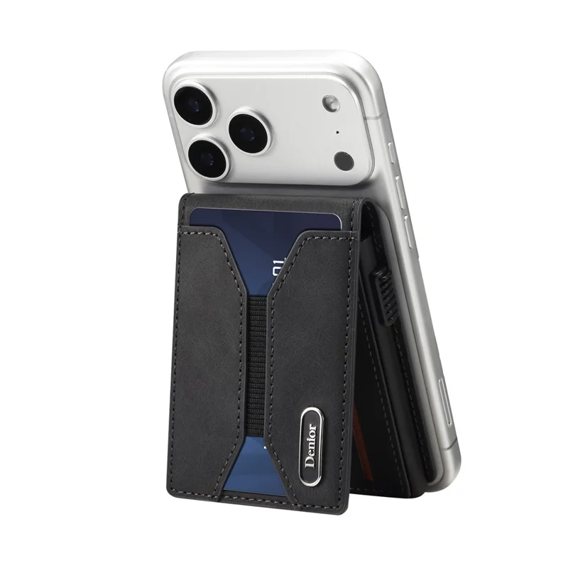 DENIOR V20 Skin Feel Magnetic Elastic Card Holder PU Leather Phone Stand Card Case - Black