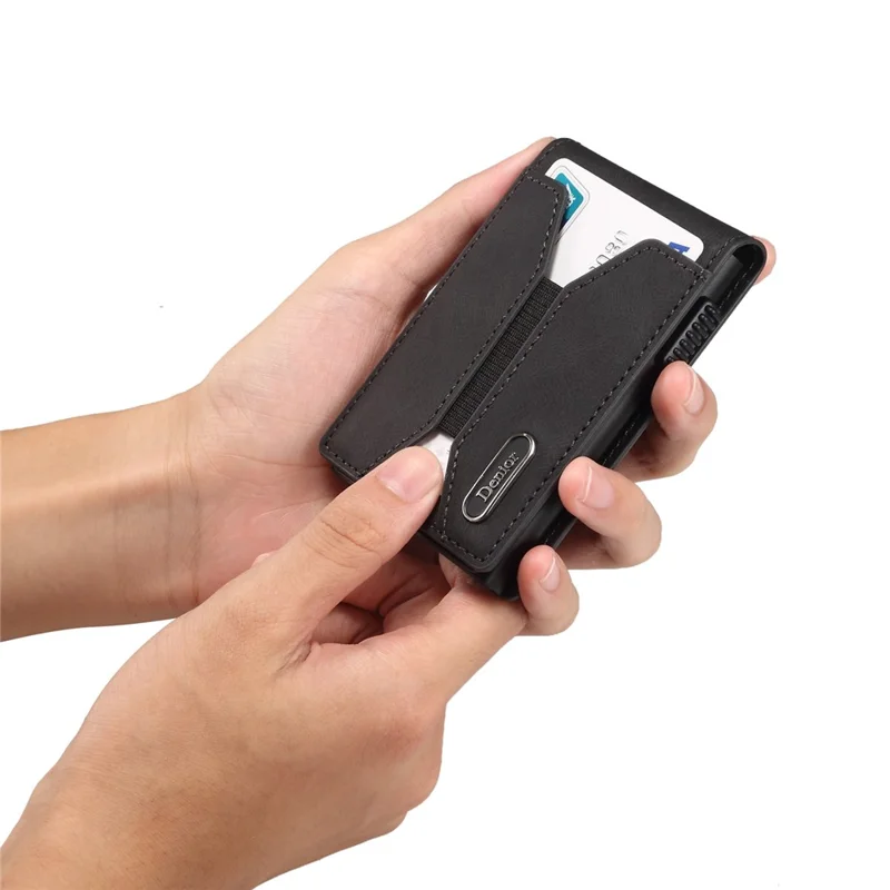 DENIOR V20 Skin Feel Magnetic Elastic Card Holder PU Leather Phone Stand Card Case - Black