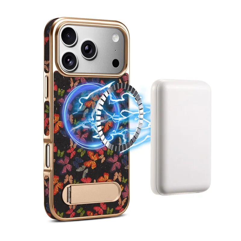 DENIOR A25+4 Étui pour iPhone 17 Pro Compatible avec MagSafe Papillon PU Cuir PC TPU Support Téléphone Couverture - Noir