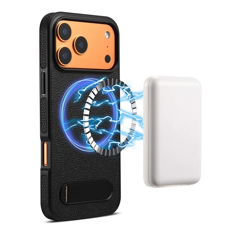 DENIOR A25+3 til iPhone 17 Pro Max Case kompatibel med MagSafe Litchi-struktur Læder PC TPU Ståstand Cover - Sort