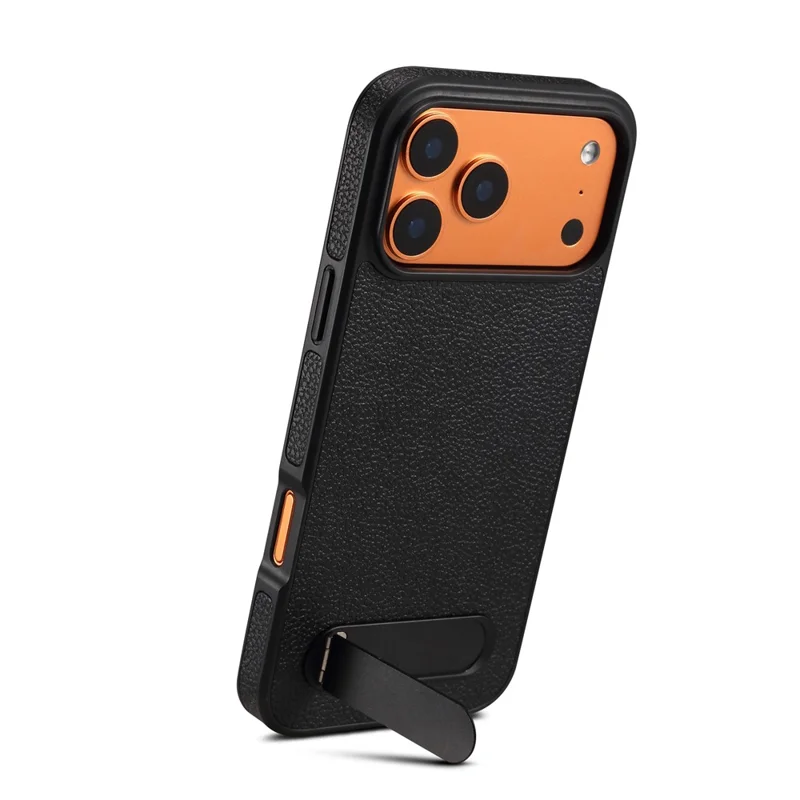 DENIOR A25+3 til iPhone 17 Pro Max Case kompatibel med MagSafe Litchi-struktur Læder PC TPU Ståstand Cover - Sort