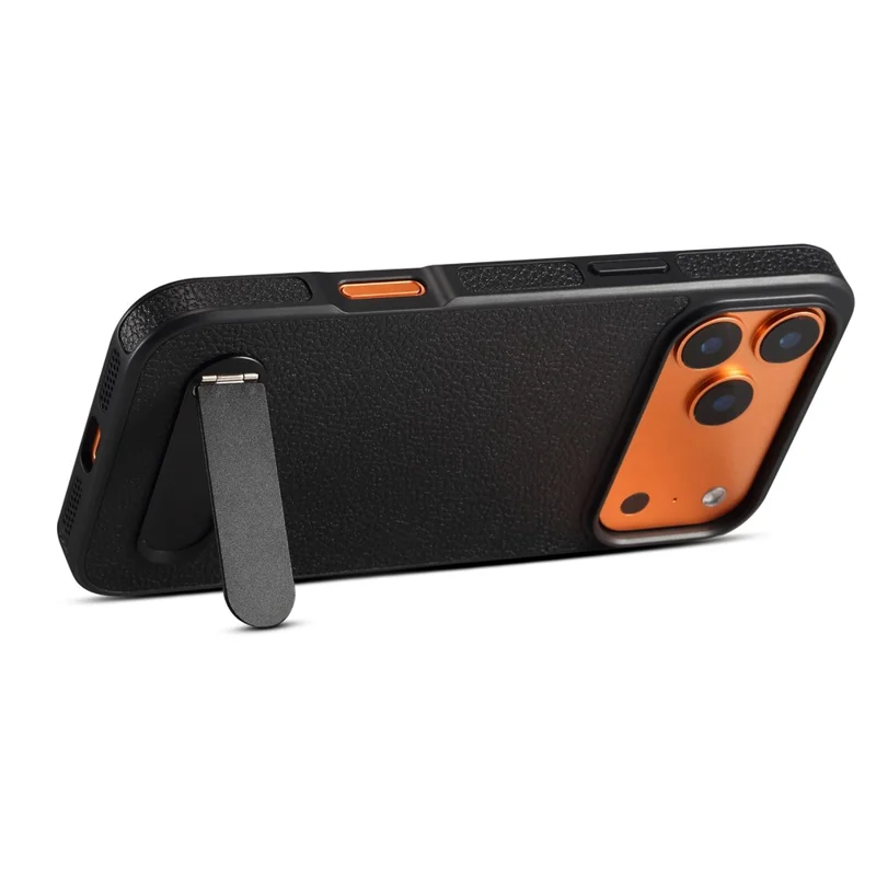 DENIOR A25+3 til iPhone 17 Pro Max Case kompatibel med MagSafe Litchi-struktur Læder PC TPU Ståstand Cover - Sort