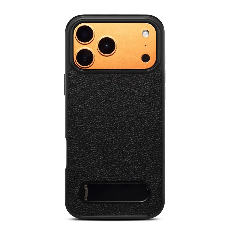 DENIOR A25+3 til iPhone 17 Pro Max Case kompatibel med MagSafe Litchi-struktur Læder PC TPU Ståstand Cover - Sort