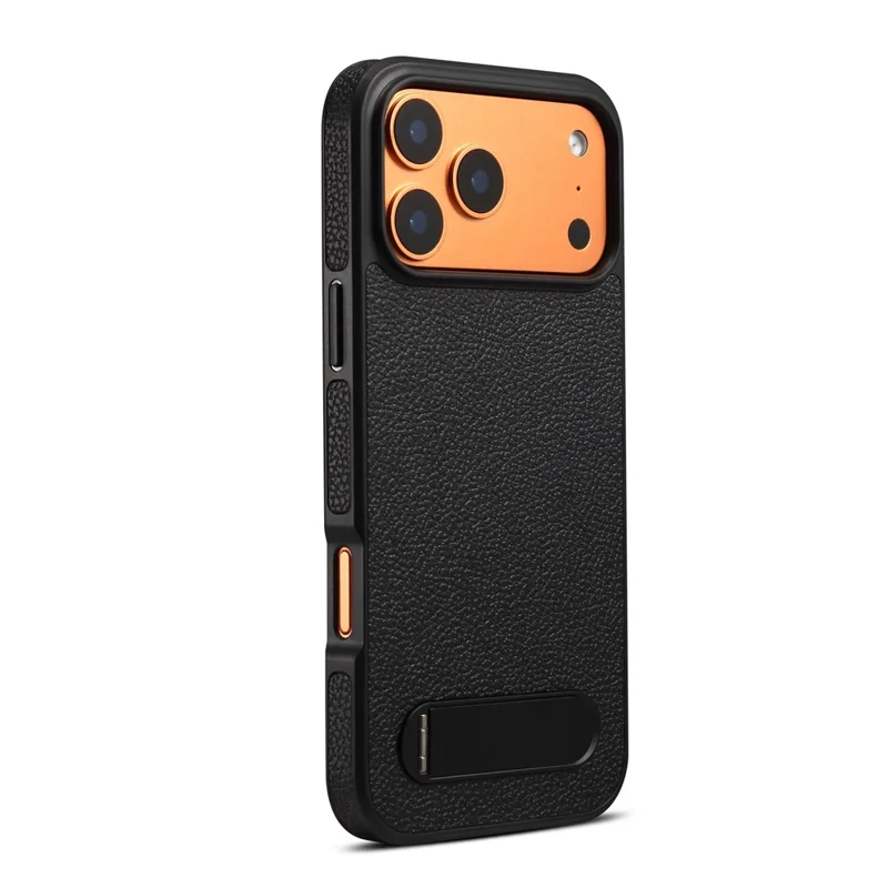 DENIOR A25+3 til iPhone 17 Pro Max Case kompatibel med MagSafe Litchi-struktur Læder PC TPU Ståstand Cover - Sort