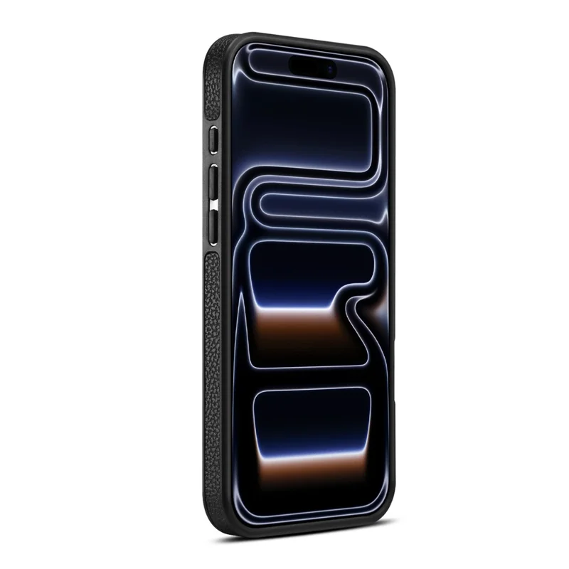 DENIOR A25+3 til iPhone 17 Pro Max Case kompatibel med MagSafe Litchi-struktur Læder PC TPU Ståstand Cover - Sort