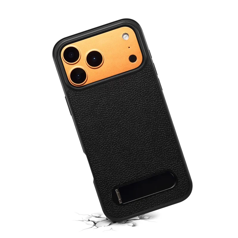 DENIOR A25+3 til iPhone 17 Pro Max Case kompatibel med MagSafe Litchi-struktur Læder PC TPU Ståstand Cover - Sort