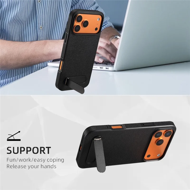 DENIOR A25+3 til iPhone 17 Pro Max Case kompatibel med MagSafe Litchi-struktur Læder PC TPU Ståstand Cover - Sort