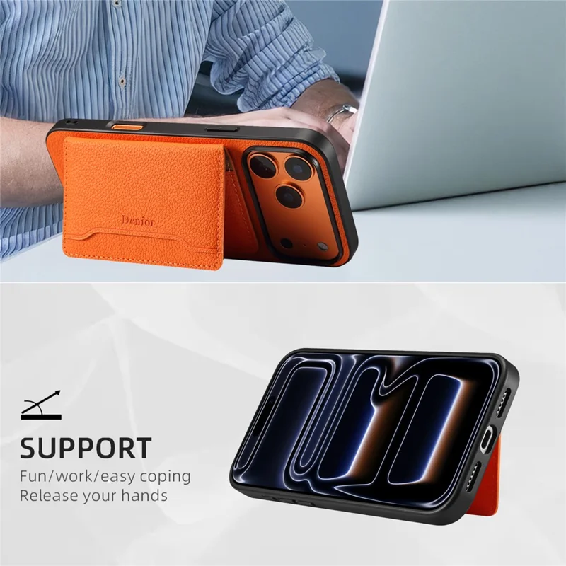 DENIOR D30 For iPhone 17 Pro Case Compatible with MagSafe Detachable Card Holder Kickstand Litchi Texture Leather Back Phone Cover - Orange