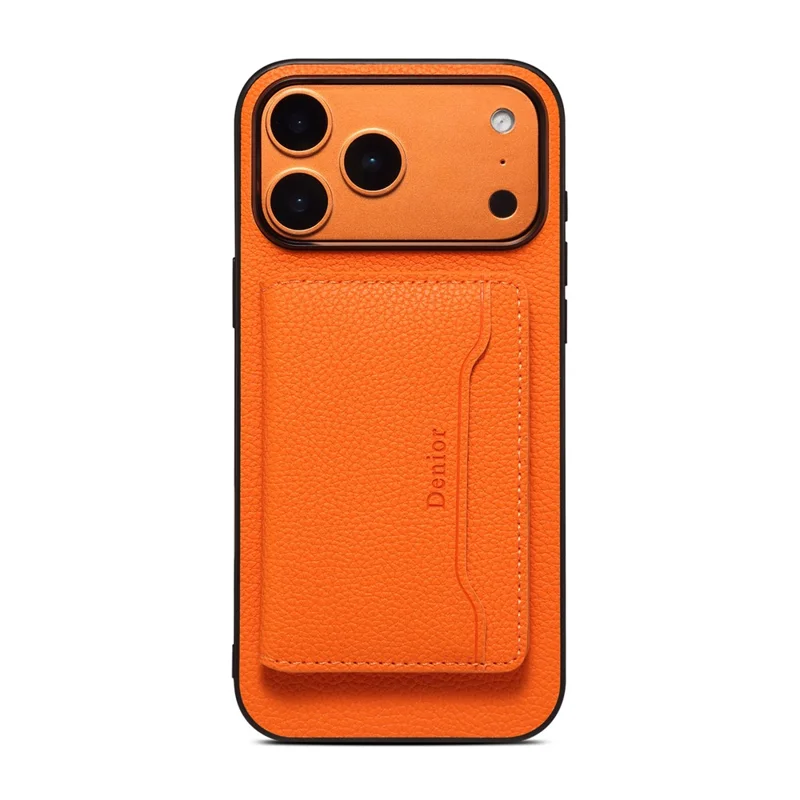 DENIOR D30 For iPhone 17 Pro Case Compatible with MagSafe Detachable Card Holder Kickstand Litchi Texture Leather Back Phone Cover - Orange