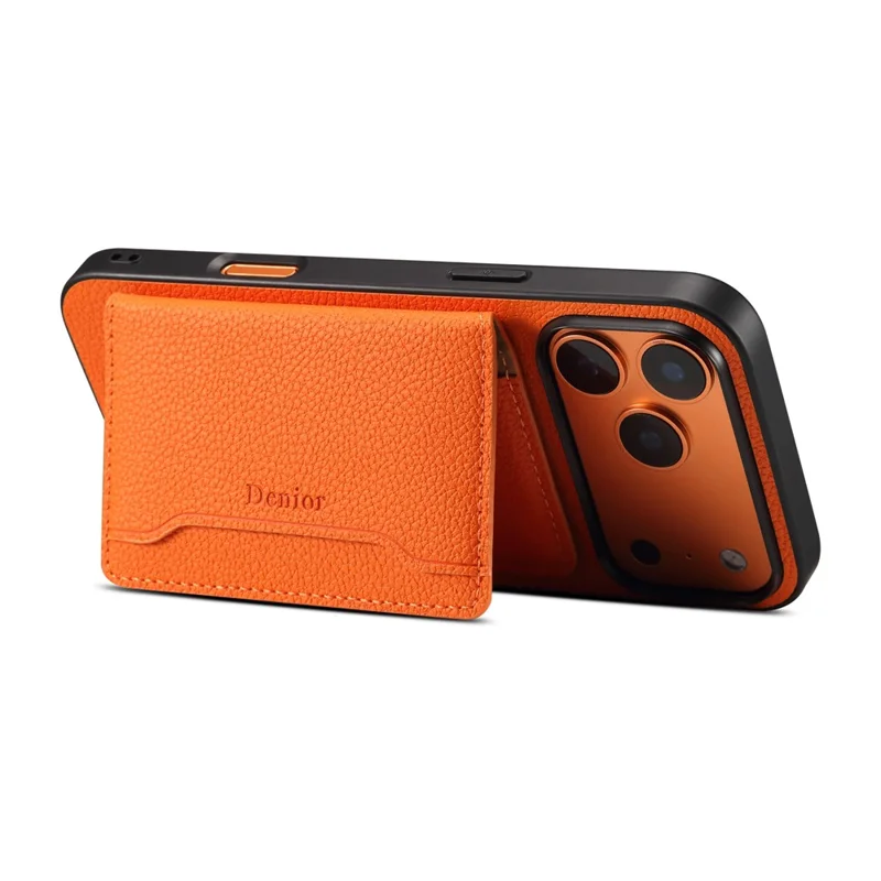 DENIOR D30 For iPhone 17 Pro Case Compatible with MagSafe Detachable Card Holder Kickstand Litchi Texture Leather Back Phone Cover - Orange